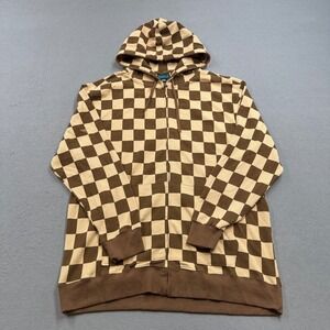 DELF Thermal Waffle Knit Hoodie Men's 3XL Brown Checkerboard Sweatshirt Y2K